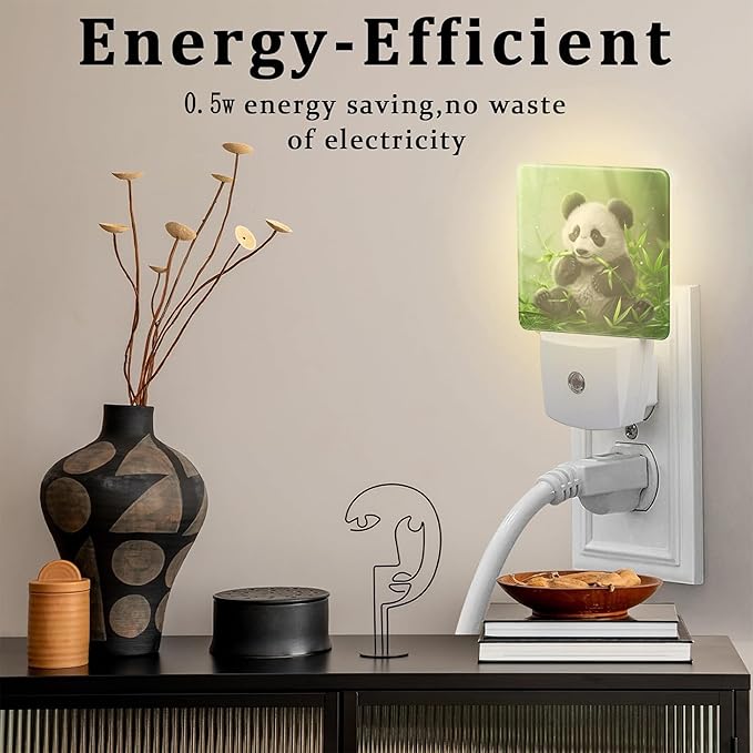 Cute Panda Eating Bamboo Night Light, Natural Animal Green Leaves Dusk to Dawn Night Light Plug in, 0.5W Energy Saving Sleep Friendly NightLight for Kids Boys Girls Home Decor