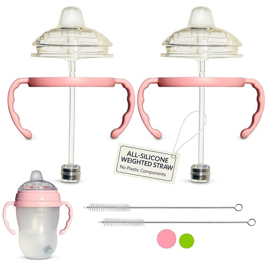 Sippy Cup Conversion Kit for Comotomo Baby Bottles 2-Count, Soft Food Grade Silicone Spout Nipples, All Silicone Weighted Straw, Bottle Handles, Cleaning Brush, BPA-Free, 4+ months (Sippy Spout, Pink)