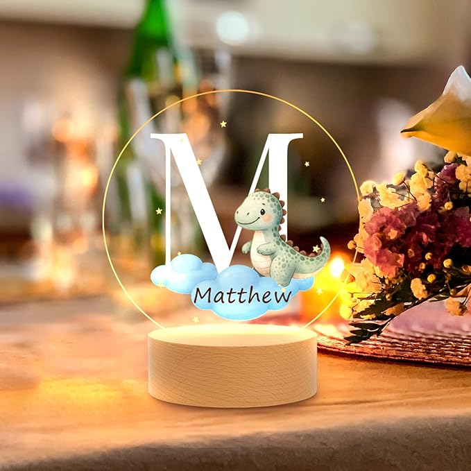Custom Baby Gift Night Light for Baby Boys Girls Nursery Decor, Personalized Initial Name LED Night Light with Wooden Base, LED Color-Changing Lamp for Toddlers Kids 2