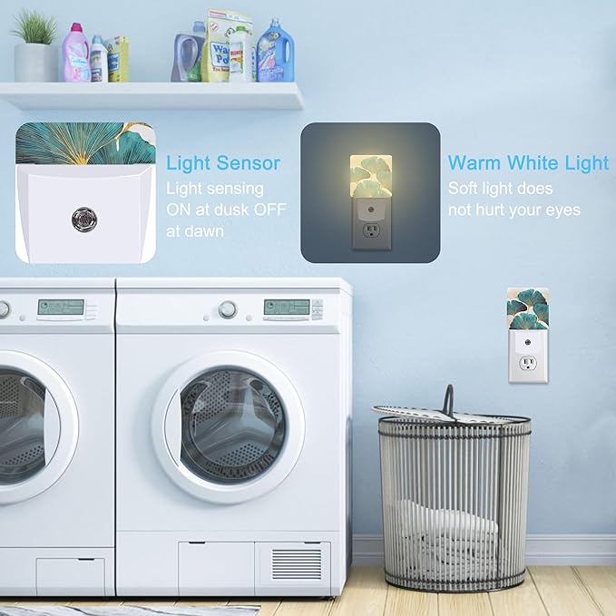 Ginkgo Leaves Green Plant Plug in Night Light with Auto Dusk to Dawn Sensor,Warm Night Lights for Boys Girls Bedroom Bathroom Hallway Kids Room Gifts