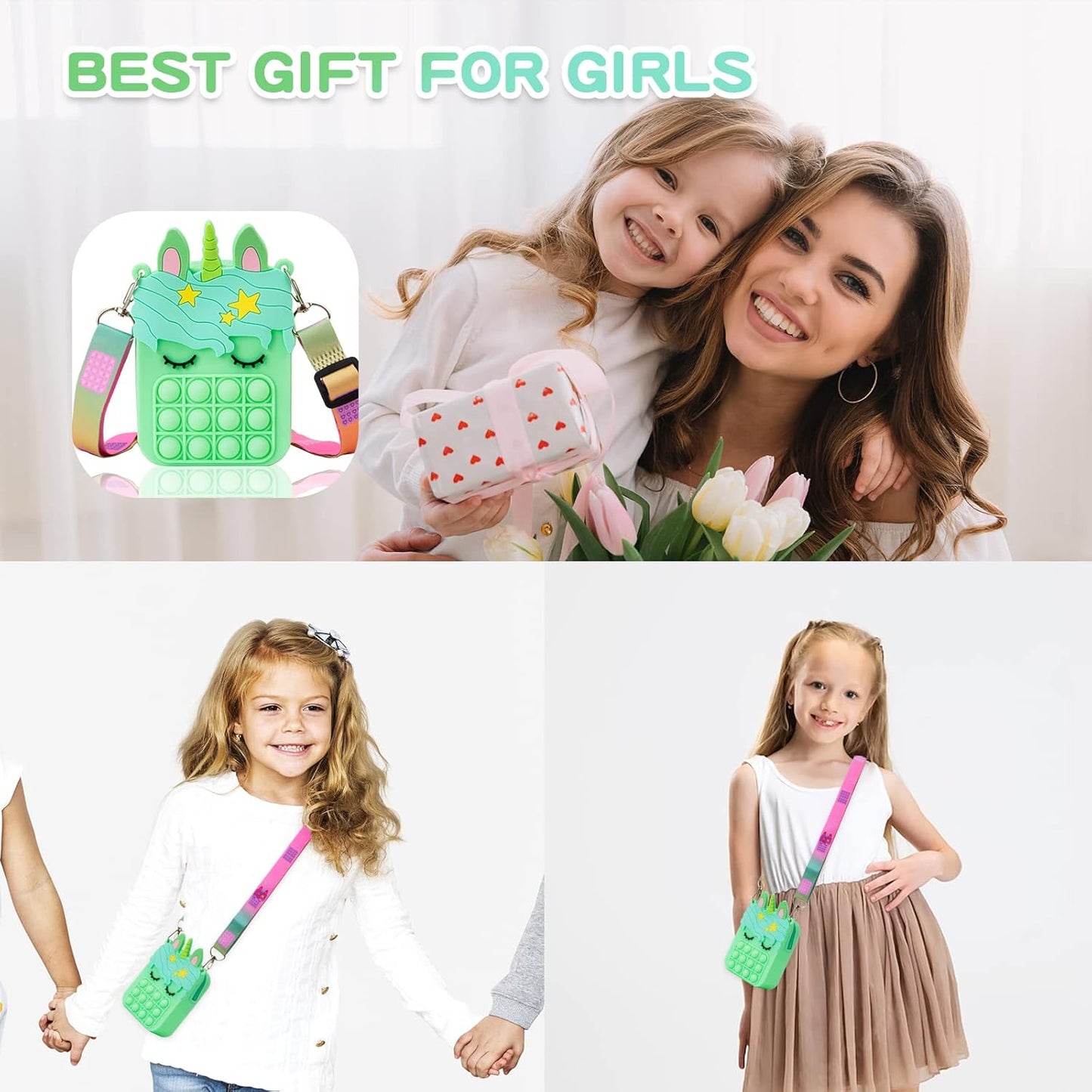 Civan Small Pop Purse, Green Bags Kids Girls Toys Unicorn Pop Purse for Girl and Women Pop Bag Unicorn Pop Toy, Shoulder Bag Fidget Toys Pop Fidget Backpack Toy for ADHD Anxiety