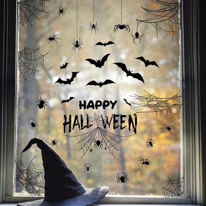 Halloween Bat and Spider Web Window Stickers Set - Horror Decoration Window Door Glass Stickers Ghost House Party Set Home Living Room Windows, Front Door Glass, Office Partitions, Store Showcases