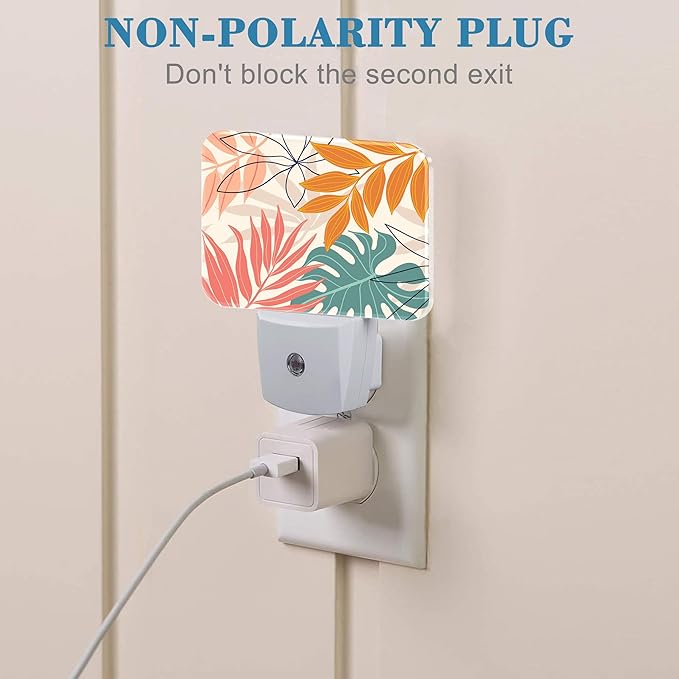 Abstract Art Plant Night Light Plug into Wall, Leaves Lines Night Light with Dusk to Dawn Sensor for Kid Girls Boys Women Men Bedroom, Hallway, Kitchen, Bathroom, Stairs Decor