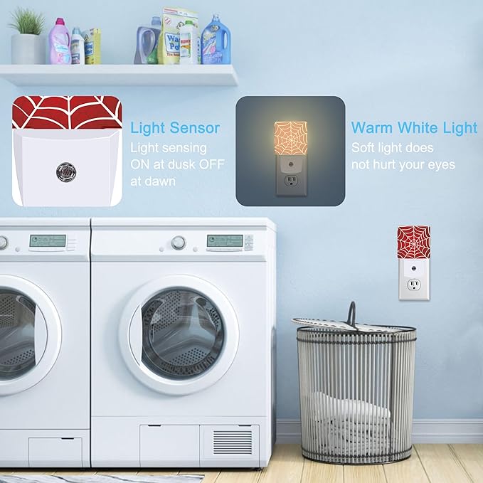 Spider Web Red Plug in Night Light with Auto Dusk to Dawn Sensor,Warm Night Lights for Boys Girls Bedroom Bathroom Hallway Kids Room Gifts