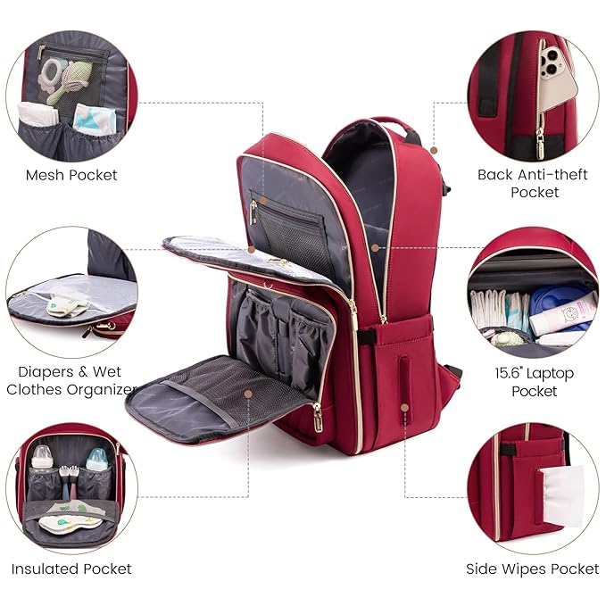 LOVEVOOK Diaper Bag Backpack, Quilted Baby Bag with Changing Pad & Pacifier Holder, Waterproof Travel Diaper Bags for Baby Boys Girls, Stylish and Large Capacity,Wine Red