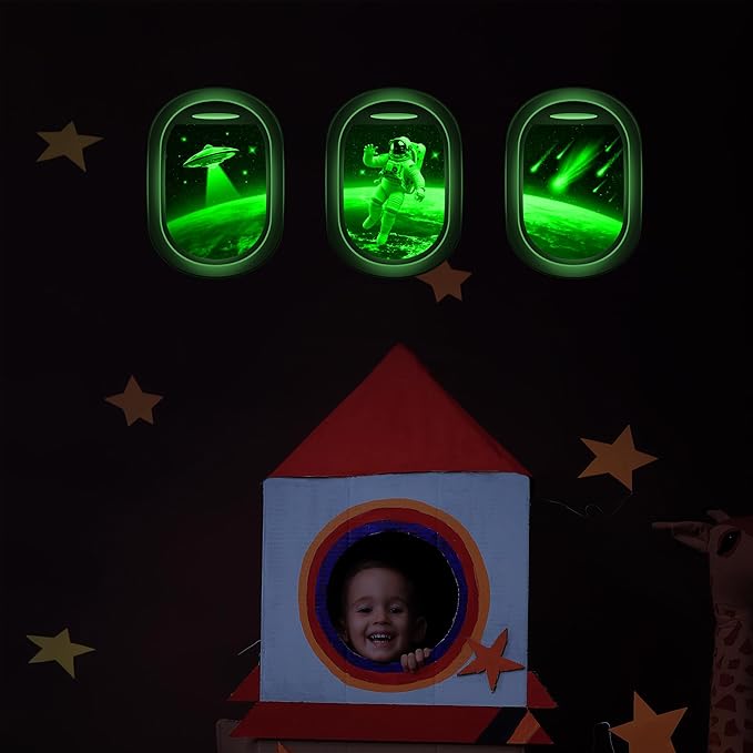 Glow in The Dark 3D Space Wall Decals, Set of 3 Galaxy Window Stickers for Wall, Space Themed Room Decor for Kids Boys (Green)