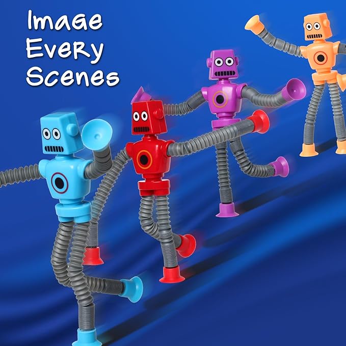 4 Pcs Telescopic Suction Cup Robot Fidget Toy, Coolest Pop Tubes Sensory Toys for Toddlers, Educational Toys Robot Party Favors for Anxiety Kids for 3-9 Year Old Boys Girls