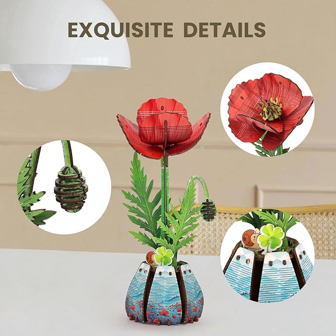 Jege 3D Flowers Wooden Puzzles for Adults,DIY Wooden 2 Flowers per Kit Building Set for Home Decor, Creative Craft Gift Toys Kits with 2 Perfume Bottles and Diffuser Sticks (Rose + Corn Poppy)
