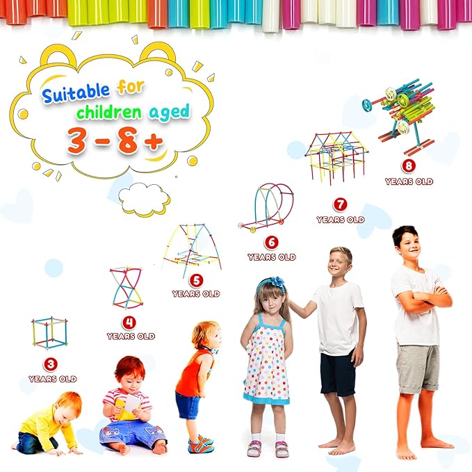 Straw Constructor STEM Building Toys Macaron 600Pcs Interlocking Gear Toy Sets for Kindergarten Classroom, Engineering Thin Tube Blocks for 3 4 5 6 7 Years Kids Toy for Boys and Girls Gift