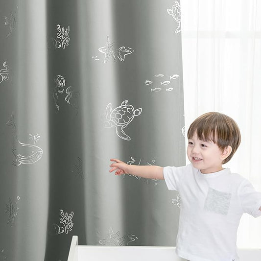 Vangao Kids Curtains for Boys Bedroom Kids Blackout Curtains 63 Inch Length Ocean Aquarium Nursery Drapes for Girls Bedroom Silver Sea Animals Print Thermal Insulated Drapes, Grey 2 Panels