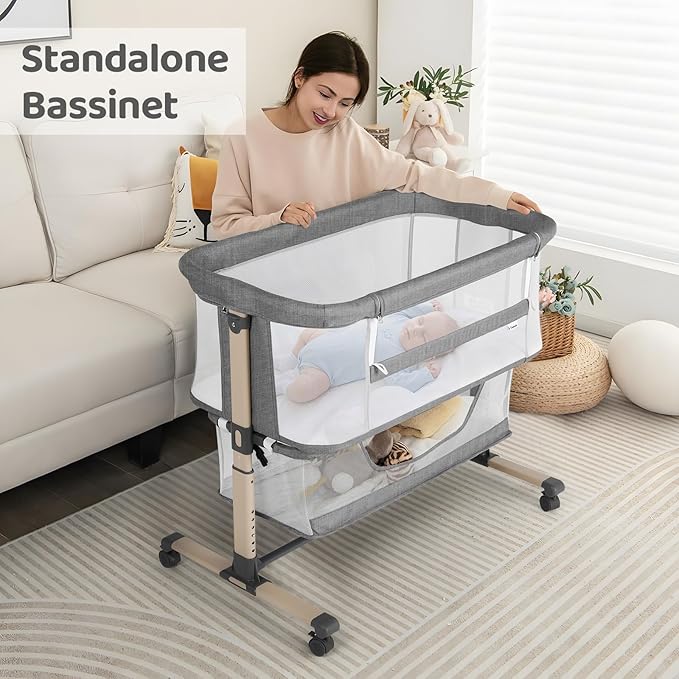 Cowiewie Bassinet Bedside Sleeper, Portable, Breathable, Adjustable Baby Bedside Bassinet for Peaceful Nights, Grey