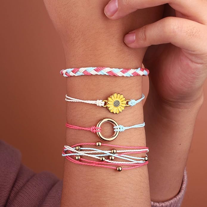 FANCY SHINY Sunflower String Bracelet Boho Braided Rope Wrap Bracelets Cute Summer Beach Surfer Jewelry for Women Christmas Gifts