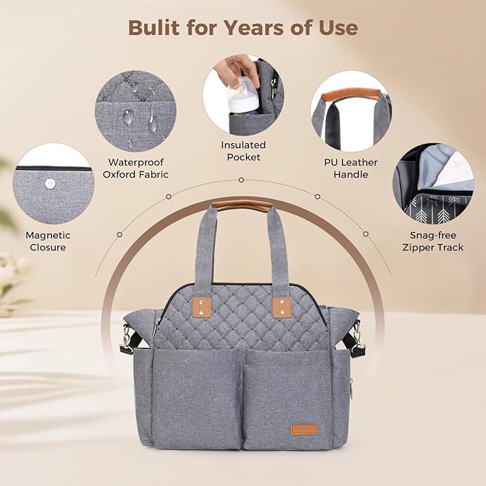 Lekebaby Diaper Bag Tote, Large Diaper Bags Waterproof,Large Mommy Bag Tote Bag Handbag Pink Travel, Black and Beige