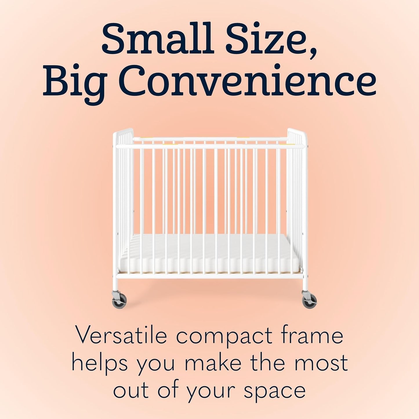 Foundations Chelsea Slatted Metal Compact Daycare Crib, 3" Casters, Compact Mini Size, Easy to Clean Durable Finish, Adjustable to Two Heights Mattress Board (White)