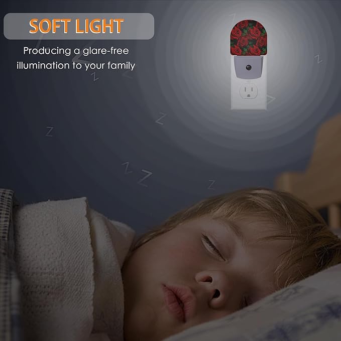 Rose Burgundy Night Light,Red Flower Night Lights Plug into Wall with Dusk to Dawn Sensor,Lamp for Bedroom Bathroom Hallway Nightlight for Women Girls