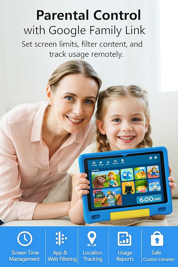10.1 Inch Kids Tablet with Shockproof Case | Android 14, 64GB+8GB RAM, 12H Battery | Parental Control, Google Kids Space & Preloaded Educational Apps | WiFi 6, HD Display, Ages 3-12