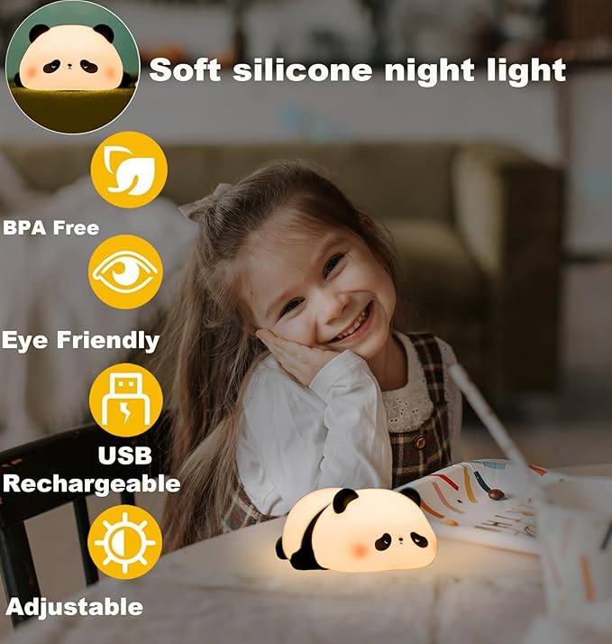 HAPPYBAG Panda Gifts, Cute Rechargeable Panda Lamp for Kids Room, Silicone Touch Night Light for Baby Nursery, Dimmable Lamp for Bedrooms