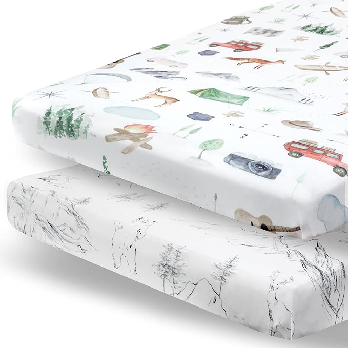 Pobibaby - 2 Pack Premium Pack N Play Sheets Fitted for Standard Pack and Plays and Mini Cribs - Ultra-Soft Cotton Blend, Stylish Woodland Pattern, Safe and Snug for Baby (Explore)