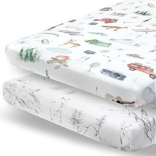Pobibaby - 2 Pack Premium Pack N Play Sheets Fitted for Standard Pack and Plays and Mini Cribs - Ultra-Soft Cotton Blend, Stylish Woodland Pattern, Safe and Snug for Baby (Explore)