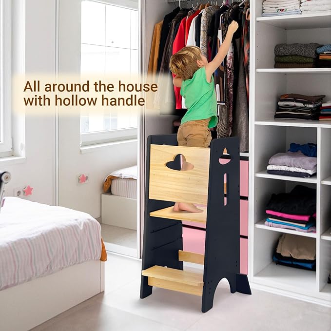 COSYLAND Toddler Standing Tower Adjustable Height - Super Stable Kids Kitchen Stool Helper - 3 Levels Adjustable Wooden Toddler Kitchen Stool (Natural & Dark Gray)