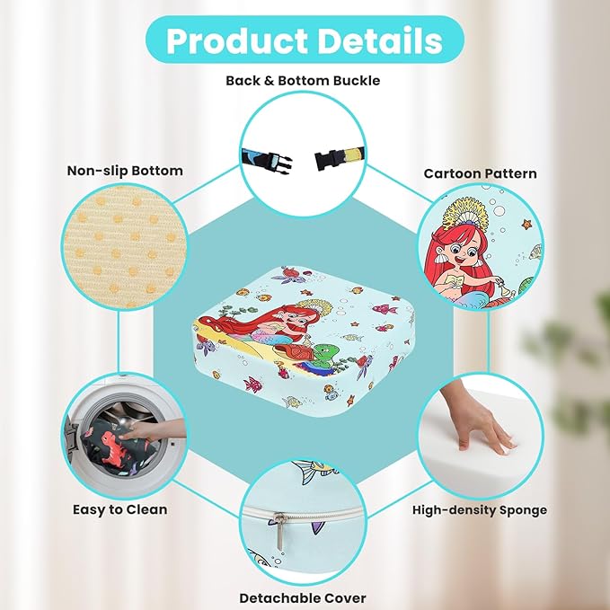 Toddler Booster Seat for Dining Table, Kids Booster Seat for Kitchen Chair with Non-Slip Bottom, Portable Detachable Washable Increasing Cushion with 2 Adjustable Straps (Mermaid)