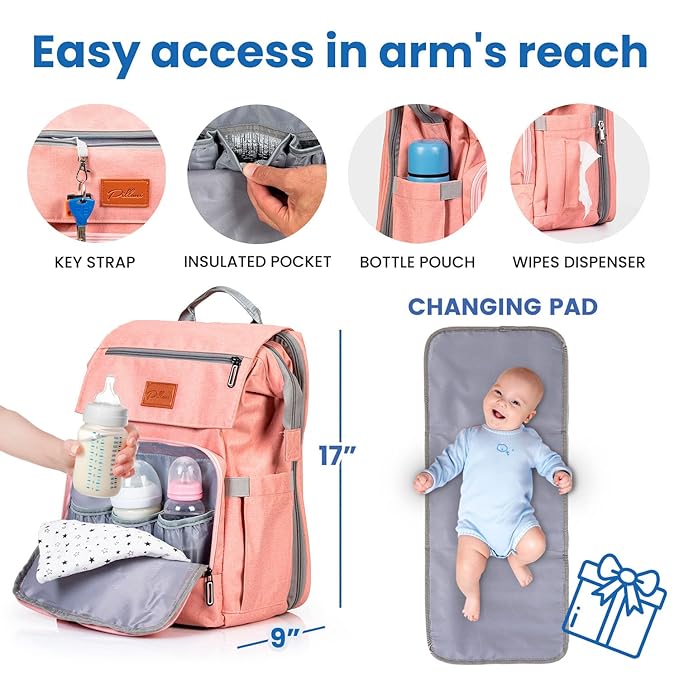 PILLANI Baby Diaper Bag Backpack - Large Bag for Boys & Girls, Waterproof Diaper Backpack - Travel Diaper Bags w/Changing Pad, Baby Registry Search & Shower Gifts - Essentials Must Haves Newborn Stuff