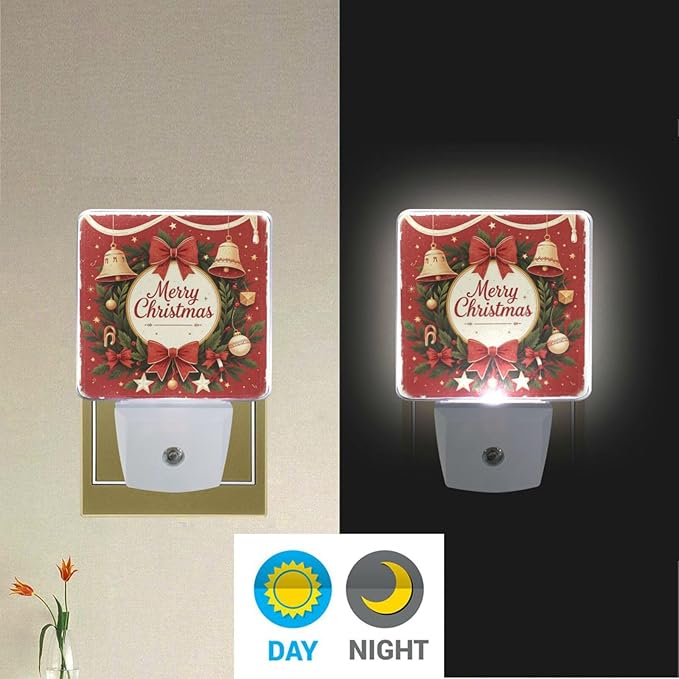 Aslsiy Night Light for Kids Merry Christmas Garland Bell (3) Plug in Wall Lamp LED Dusk to Dawn Sensor Energy Saving Nightlight for Boys Girls Men Women