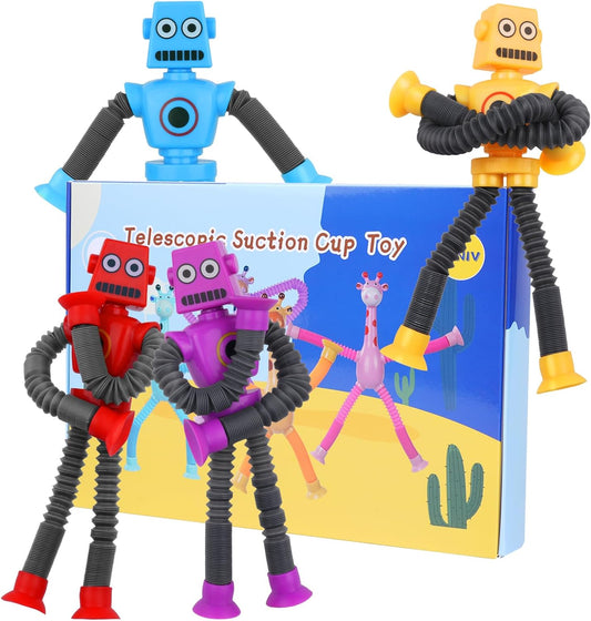Telescopic Suction Cup Robot Toy, 4 Pieces Novel Kids Suction Cup Toys, Funny Fidget Toys, Pop Tubes Sensory Toys for Kids, Decompress Educational Sensory Toys for Kids & Adult