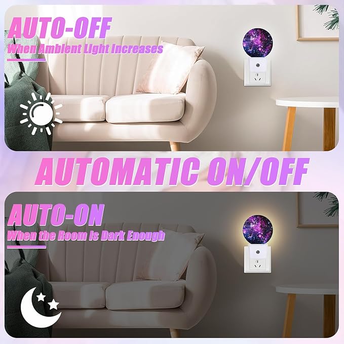 Starry Sky Night Light Purple Galaxy Space Night Lights LED Lamp Round Plug into Wall Nightlight with Dusk to Dawn Sensor Home Hallway Stairway Kitchen Decor