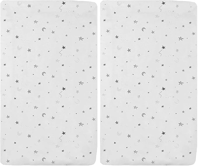 American Baby Company 100% Natural Cotton Fitted Cradle/Bassinet Sheet 36" x 18" - Soft, Breathable & Hypoallergenic Bed Sheet, Gray Stars and Moons, Neutral for Boys & Girls (Pack of 2)