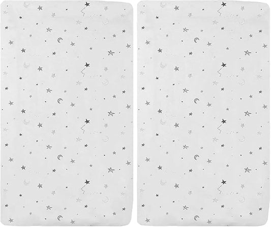 American Baby Company 100% Natural Cotton Fitted Cradle/Bassinet Sheet 36" x 18" - Soft, Breathable & Hypoallergenic Bed Sheet, Gray Stars and Moons, Neutral for Boys & Girls (Pack of 2)