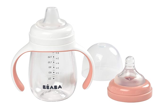 BEABA 2-in-1 Baby Bottle to Transition Sippy Cup, No Spill Sippy Cup, Includes Removable Handles, Silicone Baby Bottle Nipple and Soft Spout, 7 oz (Rose)