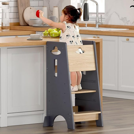 COSYLAND Toddler Standing Tower Adjustable Height - Super Stable Kids Kitchen Stool Helper - 3 Levels Adjustable Wooden Toddler Kitchen Stool (Natural & Light Gray)