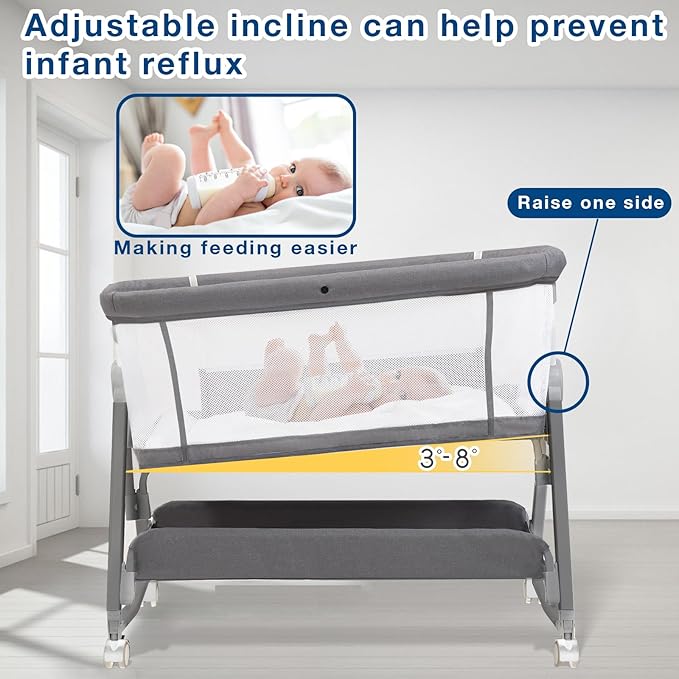 3 in 1 Baby Bassinet Bedside Sleeper, Height Adjustable Bedside Bassinet for Newborn and Infant with Mattress, Storage Basket, and Wheels (Grey)