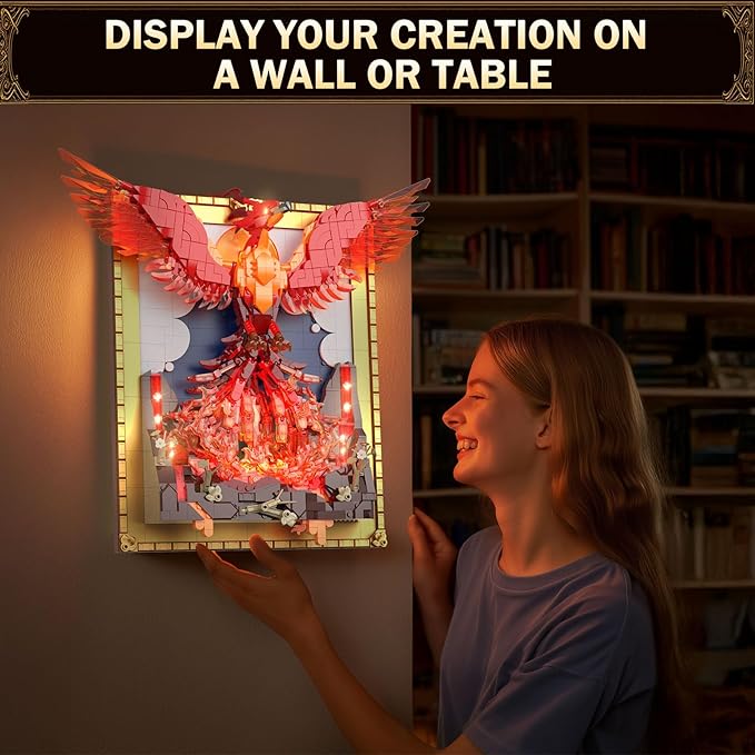 JMBricklayer Phoenix Nirvana Building Block Sets for Adults with LED Lights, Wall Art Crafts Painting Frame Building Set Magic Fire Phoenix Collection Model Bird Toy Gift Room Home Office Decor