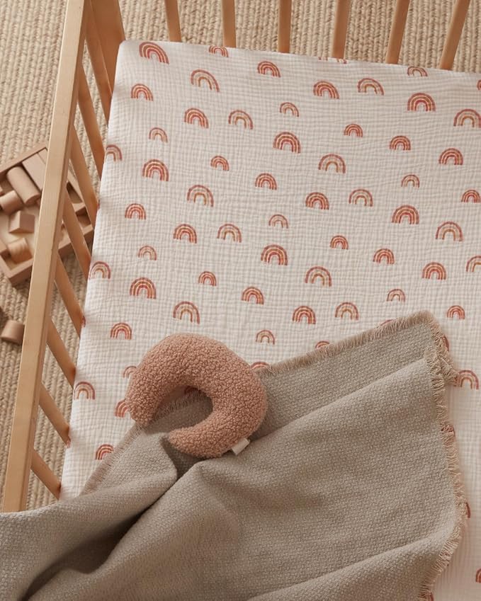 Blissful Diary Muslin Mini Crib Sheets, Pack and Play Mattress Sheets Fitted for Pack N Play, Soft Cotton for Boys Girls, 2 Pack(Dusty Pink&Rainbow)