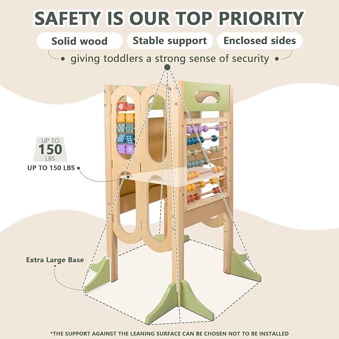 Foldable Toddler Tower with 3 Adjustable Height Step Stool, Easy Clean Toddler Kitchen Stool Helper, Montessori Learning Tower Stool for Toddlers with Chalkboard & Counting Beads