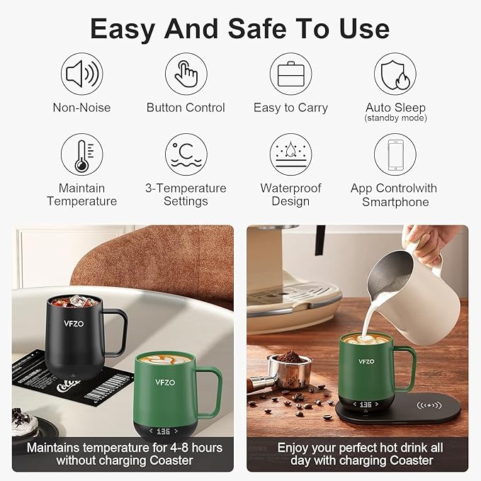 Temperature Control Smart Mug, Self Heating Coffee Mug LED Display, 180 Min Battery Life - Hot up to 149℉ Fast Wireless Charger Base Improved Design coffee serving sets (12oz, Blue Grey)