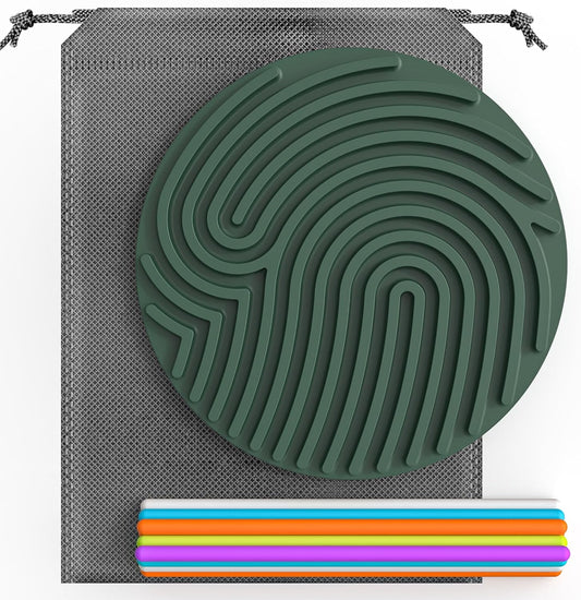 Silicone Sensory Activity Board, Silent Fidget Toys for Calming, Anxiety, Stress, ADHD and Autism, Kids 3+ & Adults, Portable with Travel Bag & 13 Colored Strings (Deep Green-Round Shape)