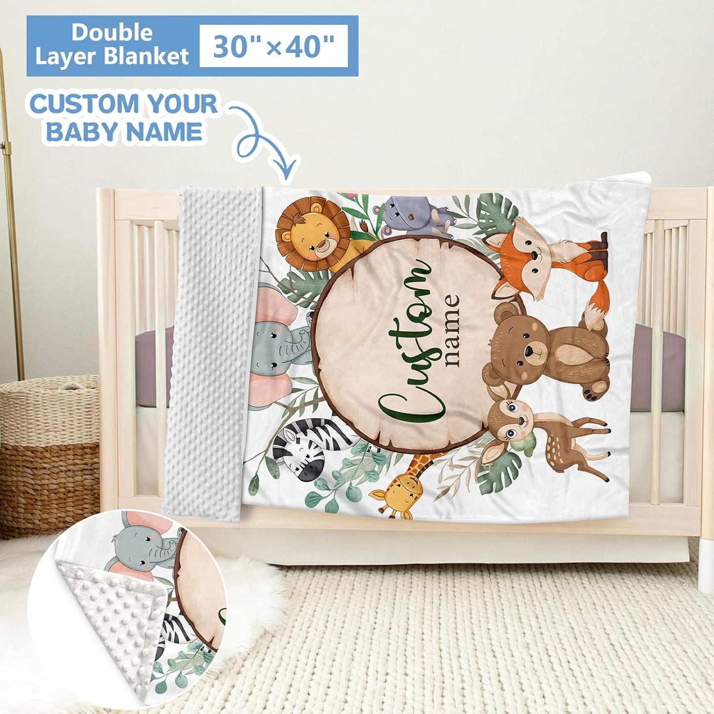 Personalized Baby Crib Bedding Set, 5 Pcs Custom Nursery Bedding Set for Girl Boy, Soft Jungle Animals Crib Set with Name, Double Layer Baby Bedding Crib Set, Toddlers Infants Customized Gift