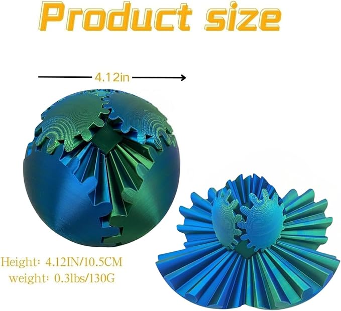Gear Ball, 4.2in 3D Printed Gear Ball Spin Ball Cube Fidget Toys, Gear Sphere, Gear Ball Fidget Toy, Stress Ball, GearSphere Desk Toy, Fidget Balls, Gear Toy for Anxiety Relaxing (Laser Green Blue)