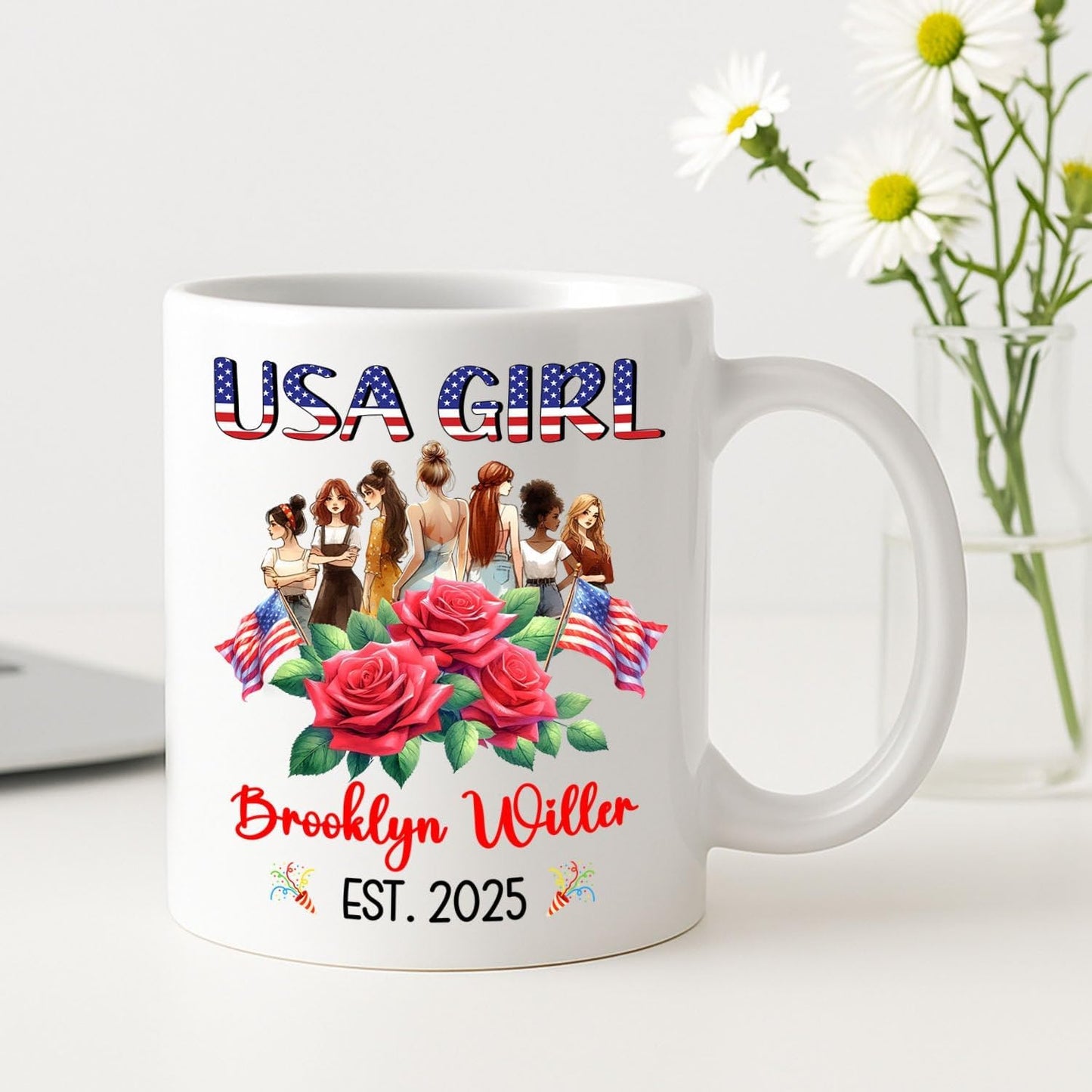 Customized USA Girl Coffee Cup Gift For Women Mom Sister US Citizenship, Lovely American Girl White Coffee Mug, Personalized Name And Year On American Citizen Mug, Citizenship Celebration Cup 11 15Oz