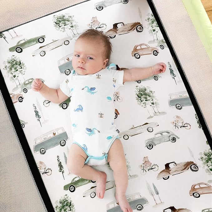 GRSSDER Pack n Play Sheets Fitted 3 Pack, Stretchy Ultra Soft Jersey Knit Pack and Play Sheets, Universal Fitted Portable/Mini Crib Mattresses Snug and Safe, Neutral Pattern of Cars Print