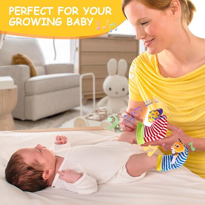 Baby Wrist Rattle Socks and Foot Finder Set Baby Rattles Toys for 0-12 Month, Infant Girl Boy Toys for Babies 3-6 Months, Newborn Hand & Foot Toys for 0 to 9 Months, Baby Easter Gifts