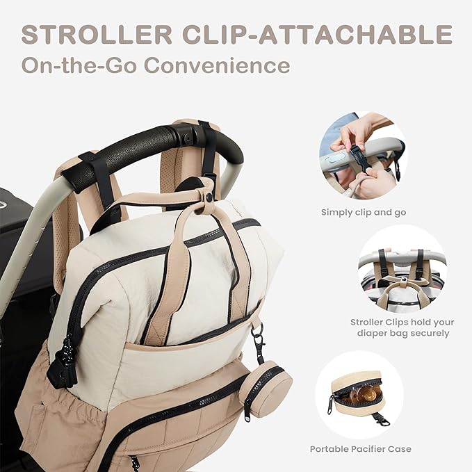 VONAL Diaper Bag Backpack, Lightweight Baby Diaper Bags, Travel Large Diaper Bag with Changing Station, Khiki Diaper Backpack for Boys Girls Newborn with Insulated Pockets, Stroller Straps