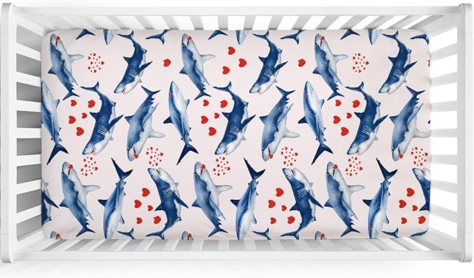 Sea Shark Love Baby Crib Sheets 52''x28'' Ocean Animals Hearts Fitted Crib Mattress Cover for Boy Girl Nursery Baby Bed Sheets for Standard Crib and Toddler Mattresses