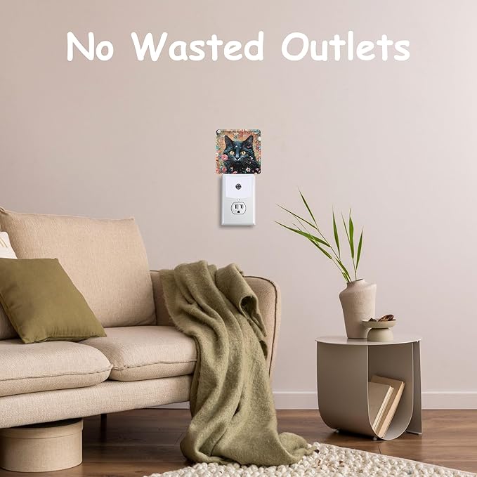 Plug Night Light,Watercolor Black Cat Among Flowers Night Light Lamp Auto Sensor Energy Efficient Dusk to Dawn Lights for Girls Boys Women Room Decor,Hallway,Kitchen,Bathroom,Nursery,Stairs