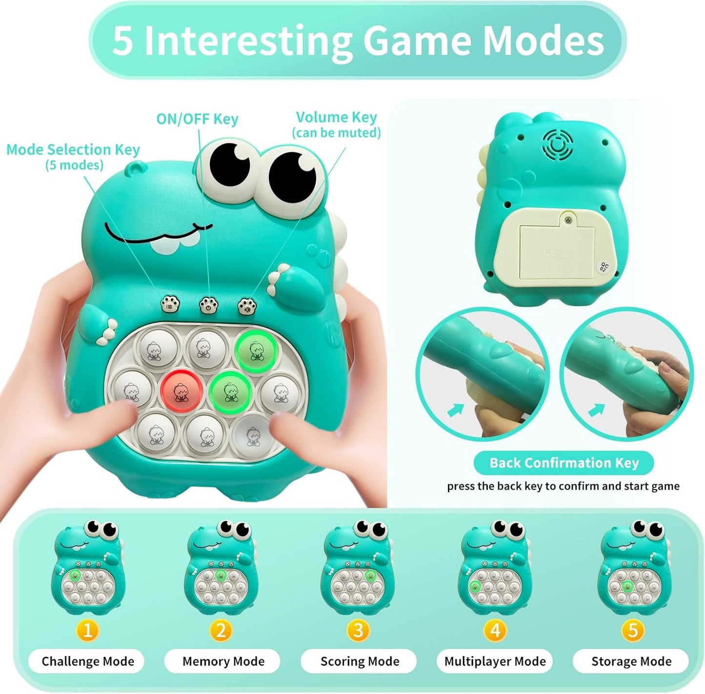 Pop Quick Push Game Light Up Fidget Toys Handheld Puzzle Press Popping Game Console for Kids Ages 3+ Adult Green Dinosaur
