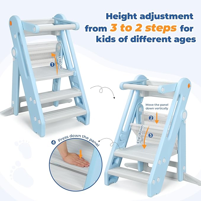 Onasti Toddler Tower Kitchen Stool Helper, Foldable & Adjustable Height Kids Learning Stool for Kitchen Counter Bathroom Sink, Child Ladder for Toddlers with Handles, Safty Rail, Non-Slip Pads-Blue