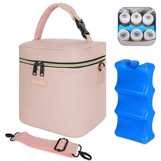 Mancro Breastmilk Cooler Bag Fits 6 Bottles Up to 9 Ounce, Insulated Baby Bottle Bag Comes with ice Pack and Shoulder Strap, Baby Bottle Cooler Bags for Daycare Nursing, Pink